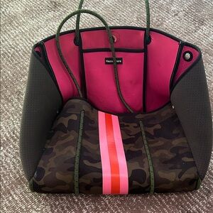 HAUTE SHORE Camouflage Tote with Pink and Red Stripes